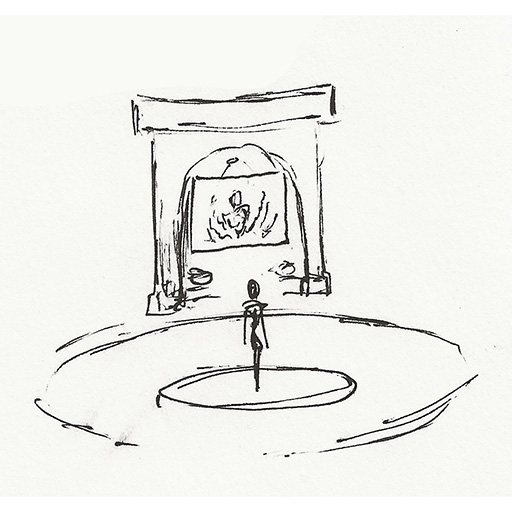 Early pencil concept sketch showing a visitor approaching artwork in a gallery